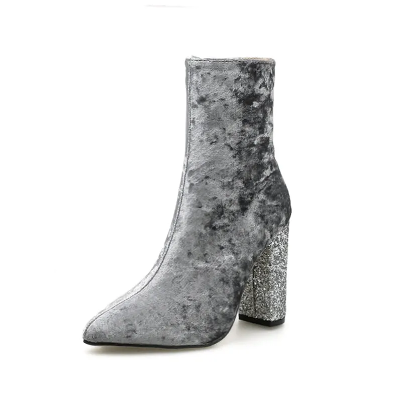Cristallo Spessore Donne Flock Stivali Tacco Black Rhinestone White Velluto Donna Jijnjoe Tacchi Autunno Blocco Caviglia stretch Fabric flock Della Del Delle Scarpe Alti Di wX6H8qU