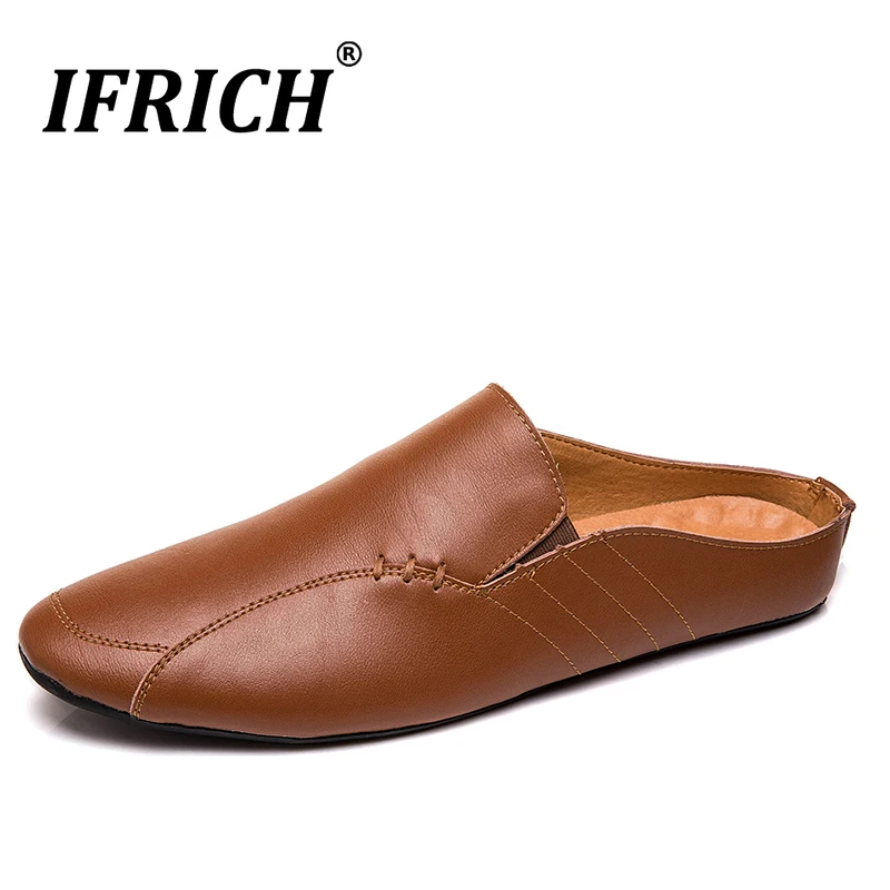 

Popular Handmade Men Shoes Half Drag Loafers For Mens Black Brown Leather Man Casual Sneakers Flats Fashion Men Half slippers