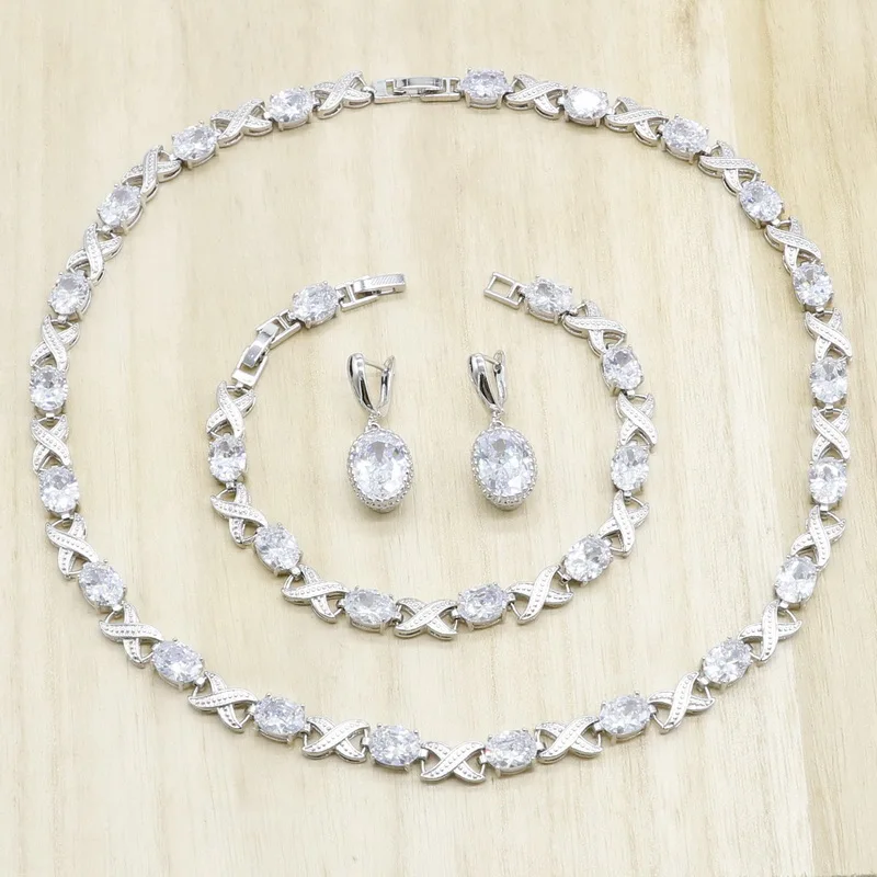 925 пробы серебряные Свадебные Ювелирные наборы для женщин Белый AAA циркония ожерелье серьги браслет подарок на день рождения