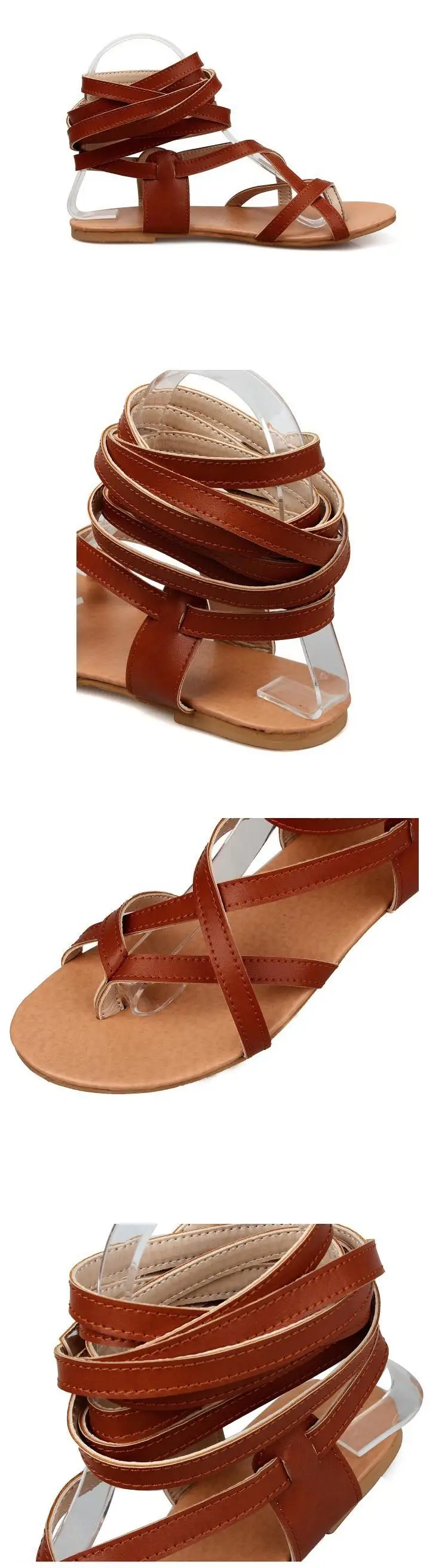 Однотонные женские сандалии-гладиаторы Летняя обувь на плоской подошве пикантные сандалии до колена женская обувь Большие размеры EU34-43 WSH2032