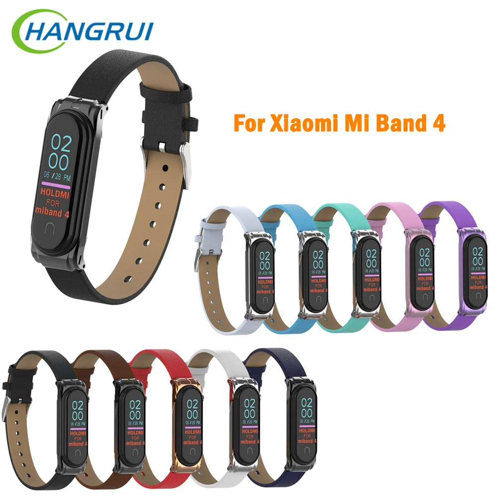 

Hangrui For Xiaomi Mi Band 4 PU leather Strap Metal Frame For Miband 4 Smart Bracelet Wristband Replace Strap For Xiaomi Band 4