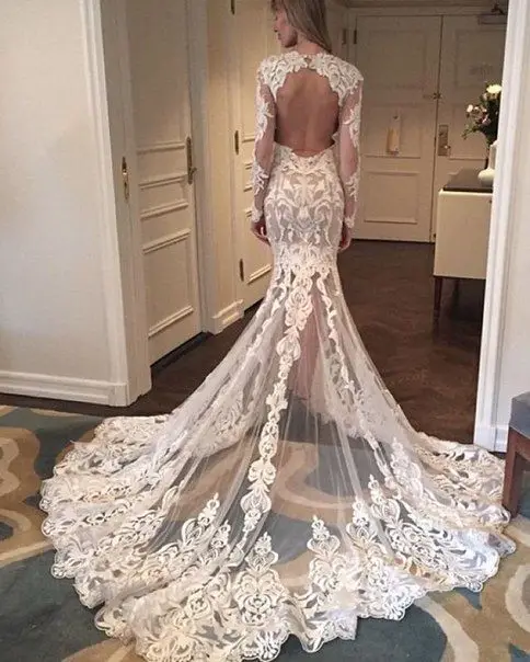 2019 нежное французское кружевное свадебное платье с длинными рукавами и аппликацией соблазнительное длинное с открытой спинкой свадебное