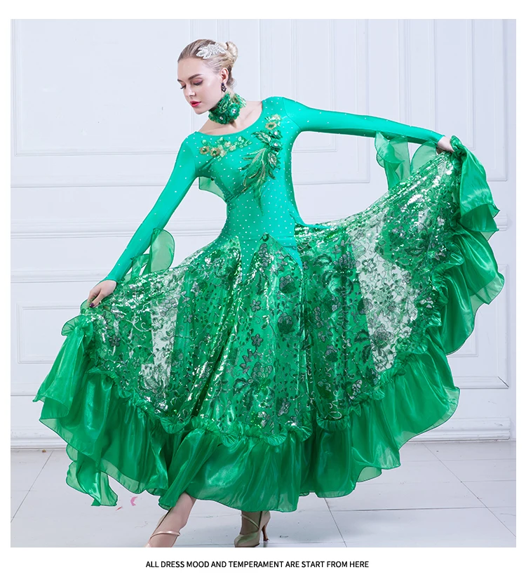 2018新しい王室勒赤いグリーンローズ新しいスタイル社交スタンダードダンスドレスワルツ競争ドレスレディ社交ダンスドレス