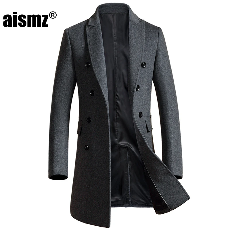 Aismz Brand Fashion Winter Men's Woolen Coat Long Section Double Breasted Wool Thick Trench Coats Male Fashion Causal Top