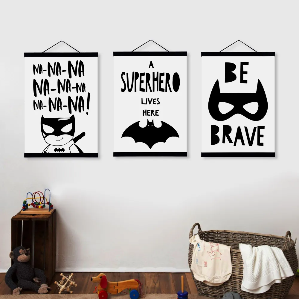 

Kawaii Black and White Batman Posters Nordic Style Kids Room Decor Quotes Scroll Wall Art Pictures Wooden Framed Canvas Painting