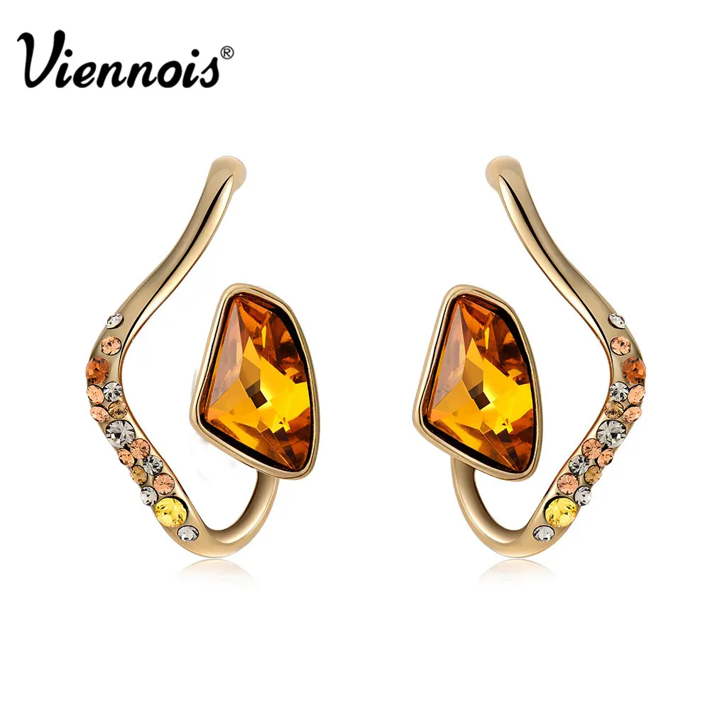 

Viennois Fashion Jewelry Coffee Gold Color women Stud Earrings Orange Crystal Top Austrian Rhinestone Trendy Geometric Earrings