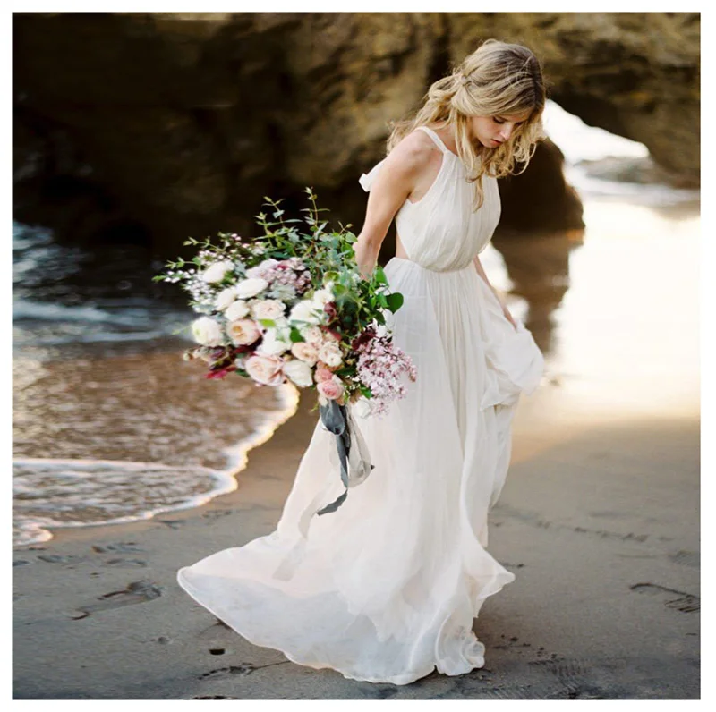 Лори Бохо свадебное платье Спагетти ремень линия шифон длинный спинки пляж свадебное платье аппликация Кружева Топ невесты платье