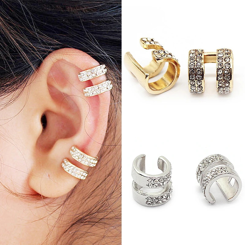 

2018 summer Hot 1Pair silver color Round Crystal 2 Rows Rhinestones women Earring clip Without Piercing fashion jewelry