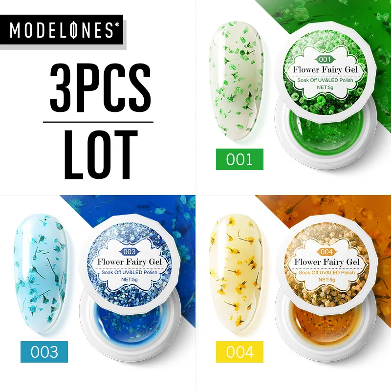 

Modelones 3Pcs/Lot Flowers UV Gel Nail Polish Set Semi Permanent UV Nail Enamel Long Lasting Hybrid Dried Flowers Gel Lacquer