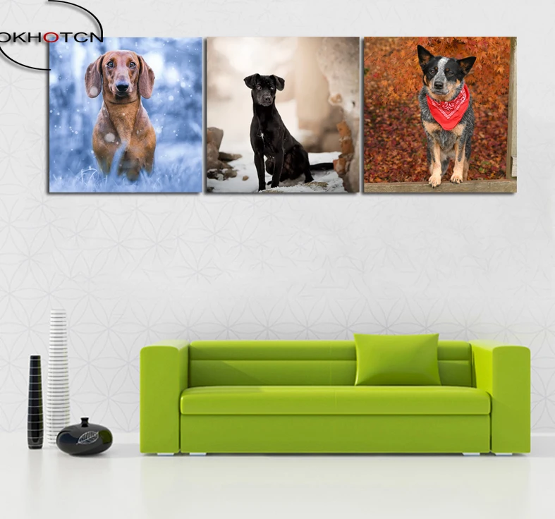 OKHOTCN Unframed Wall Art Lovely Dog 3 Panels For Living Room Home