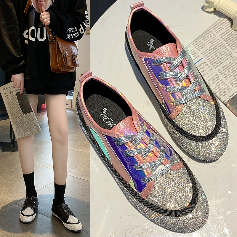 

Kjstyrka 2018 high quality dazzing color Casual Woman Sneakers fashion crystal ladies flat Shoes Non Slip Damping shoes