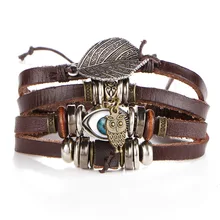 Punk Metal multicapa cuero búho mal de ojos pulsera con cuentas hombres Vintage clásico hojas encanto pulseras brazaletes hombre Boho joyería