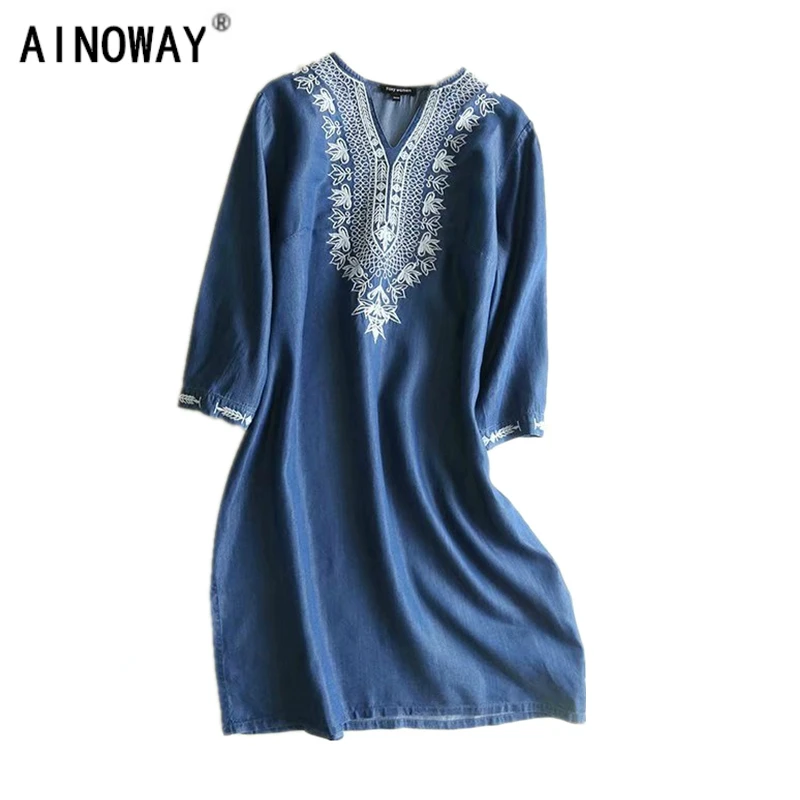 

Vintage chic women floral embroidery beach Bohemian loose midi dress Ladies Summer short sleeve v-neck denim Boho dress vestidos