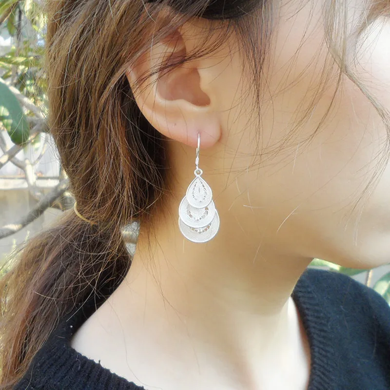 

Boho Earings Women Jewelry 2019 Water Drop Earrings Sterling Silver Chinese Ethnic Vintage Handmade Guizhou Miao White Earring