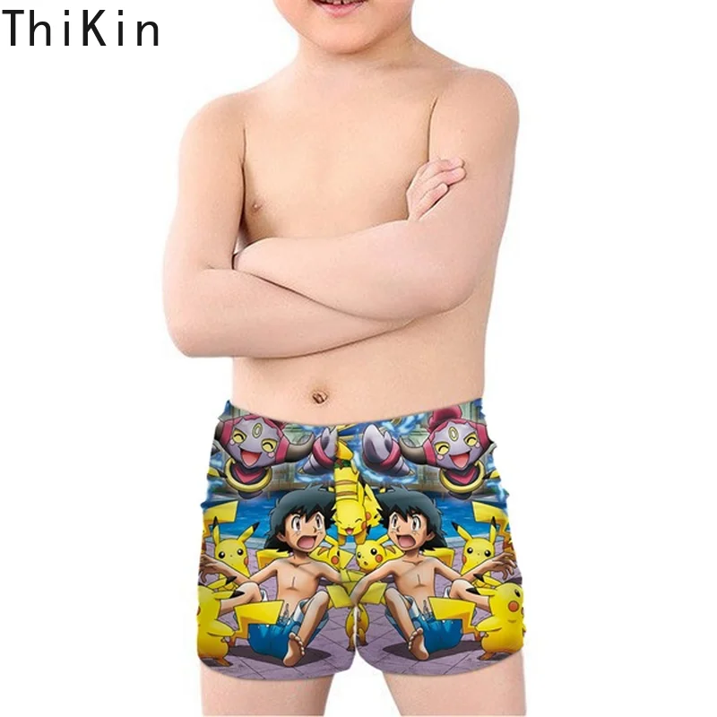 THIKIN Amine Cute Cartoon Pokemon Pikachu Print Kids Boys' Swimming Trunks Summer Beachwear Children Swimsuits Elastic