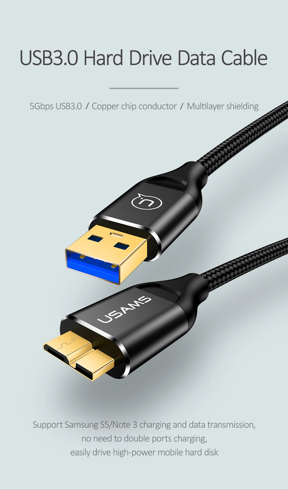 USAMS 2A USB 3,0 type A к Micro B Кабель для передачи данных для samsung Note 3/S5/Note Pro Кабель для быстрой зарядки жесткий диск шнур для зарядки