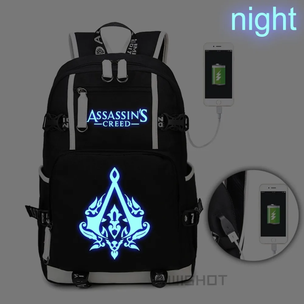 WISHOT Assassins Creed Backpack Shoulder travel School Bag with USB Charging Port Laptop Lumious Bags