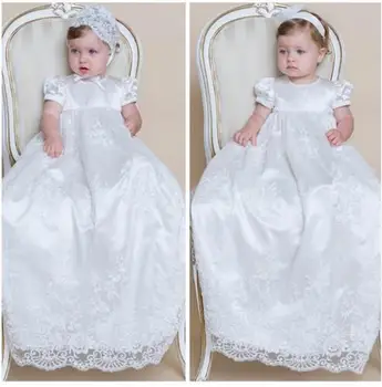 

High Quality Custom Infant Girls Long Christening Gown With Bonnet Lace Baptism Dress Any Size