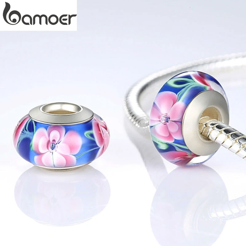 

Authentic Silver Color Red & Blue Murano Glass Flower Beads Fit Bracelet & Necklace Jewelry Making PA6325