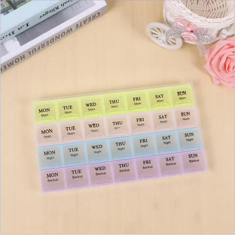 4 Row Pill Box 28 Squares Weekly 7 Days Tablet Boxes Holder Medicine Storage Organizer Container Case