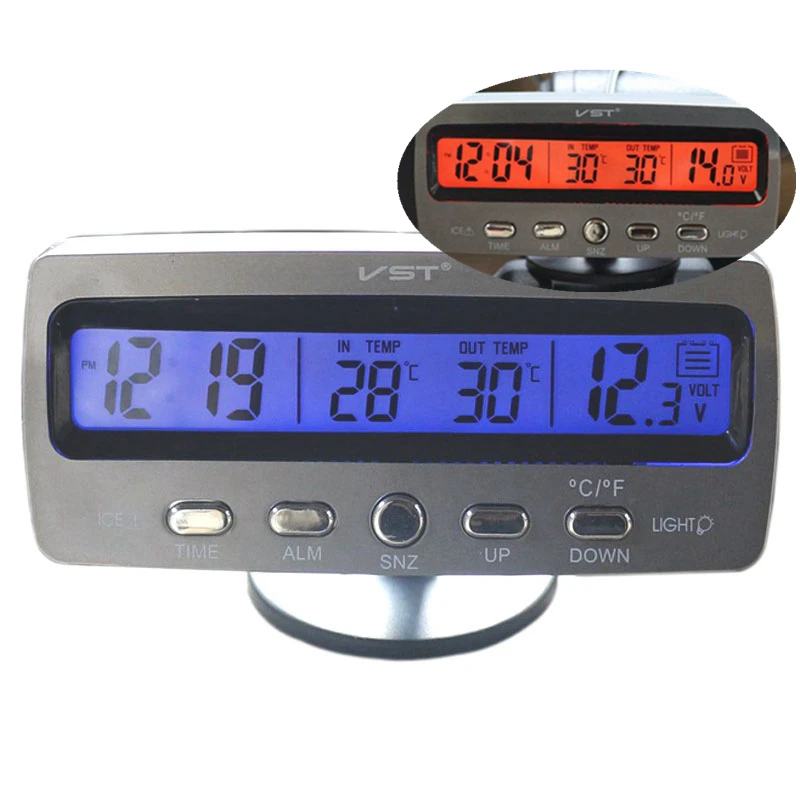 Car Thermometer Alarm Clock Voltmeter Automotive Interior and Exterior Temperature Meter