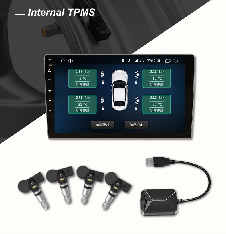 

Car TPMS USB Tire Pressure Monitoring System For Android Car DVD Player 4 Sensors Alarm Tire Temperature