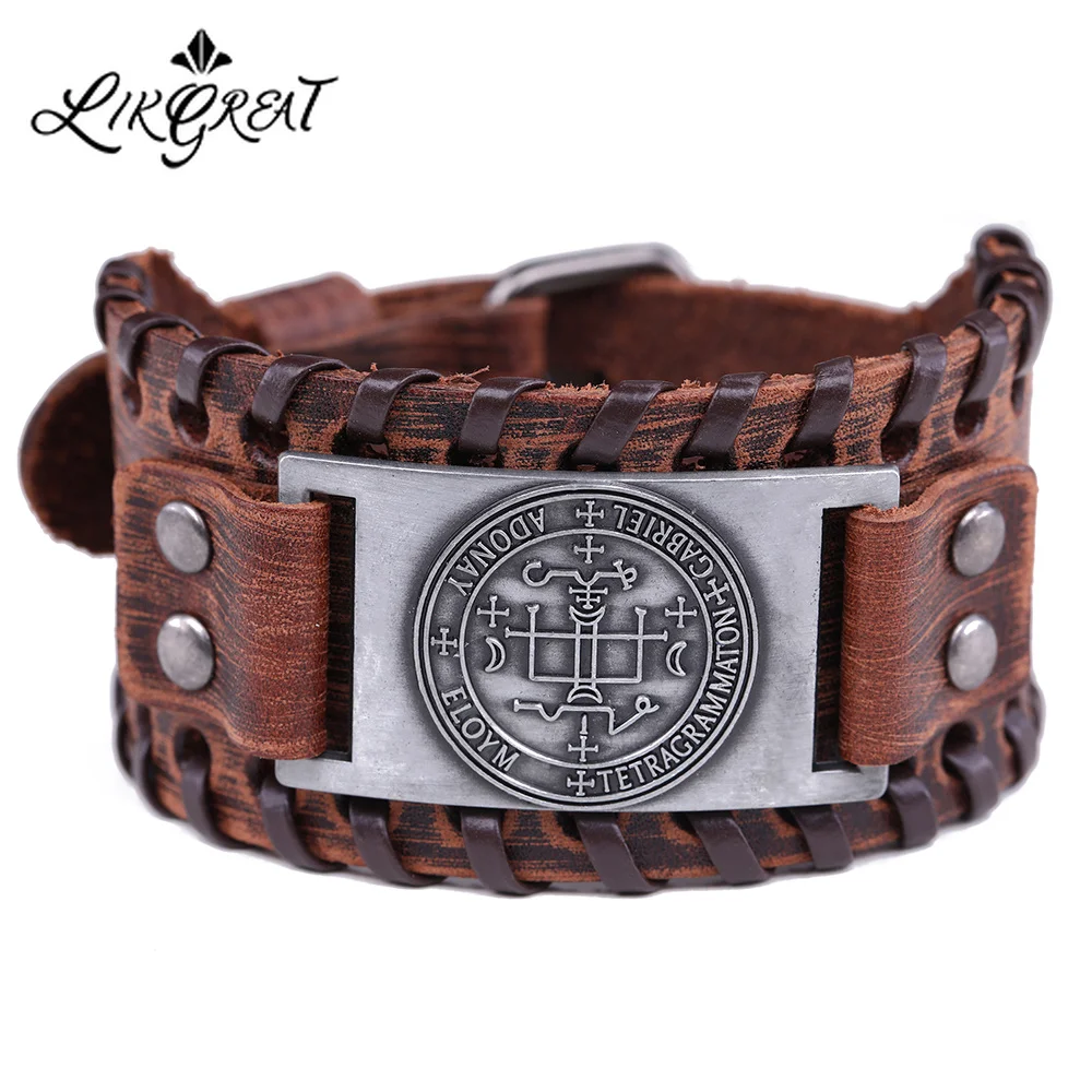 

LIKGREAT Gabriel Angel Charm Bracelet Amulet Pagan Leather Cuff Bracelets Adjustable Men Key of Solomon Jewelry with Hide-clasp