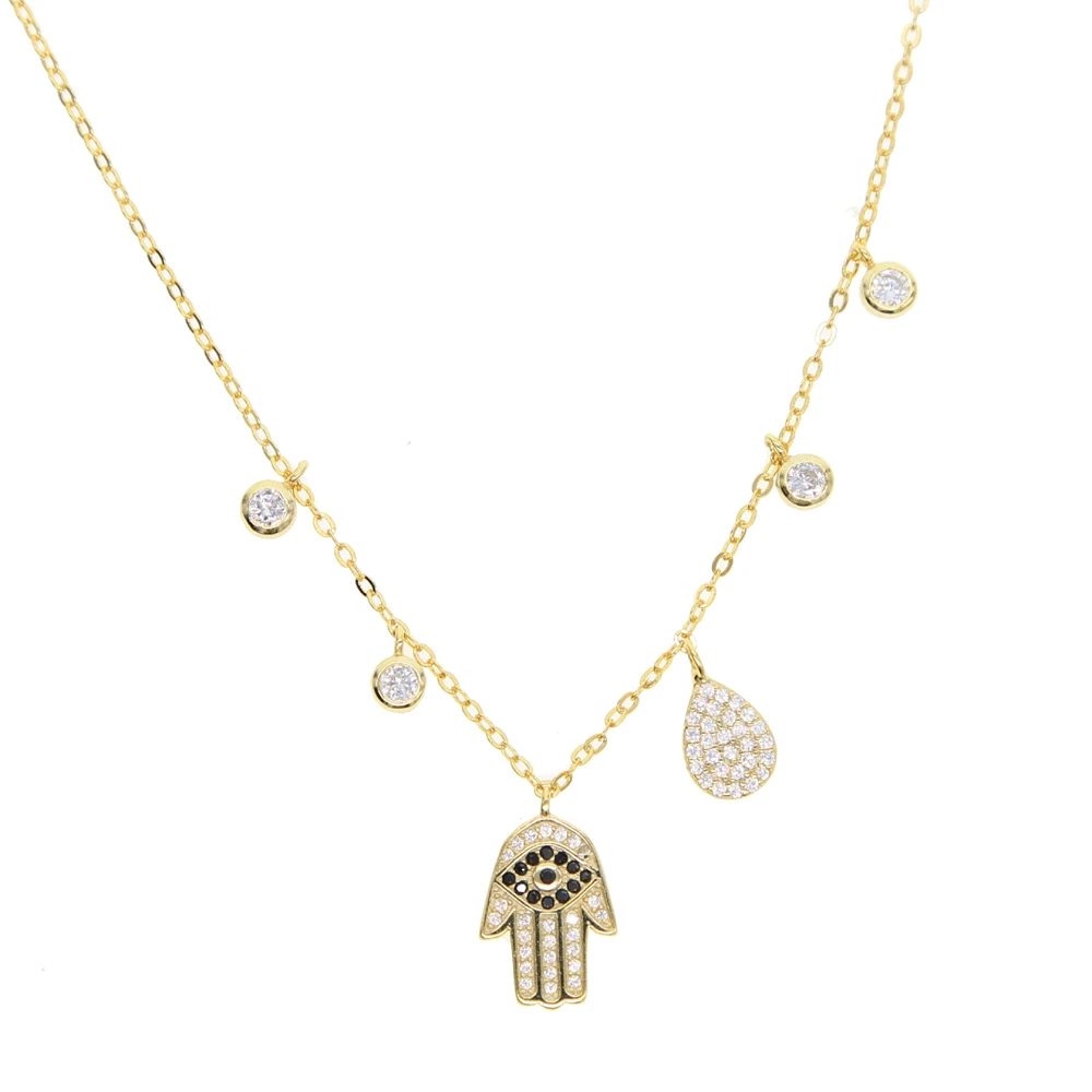 

New 925 Sterling Silver hamsa hand necklace tear drop cz fatima hand Turkish Jewelry necklace Collar Colar de Plata