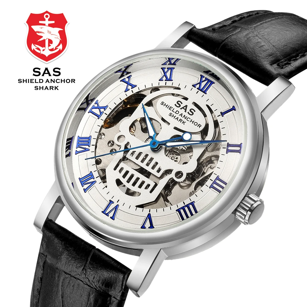 

SAS Shield Anchor Shark Vintage Watch Mechanical Skull Skeleton Steampunk Watch Men Fashion Design Leather Wristwatch Mens Watch