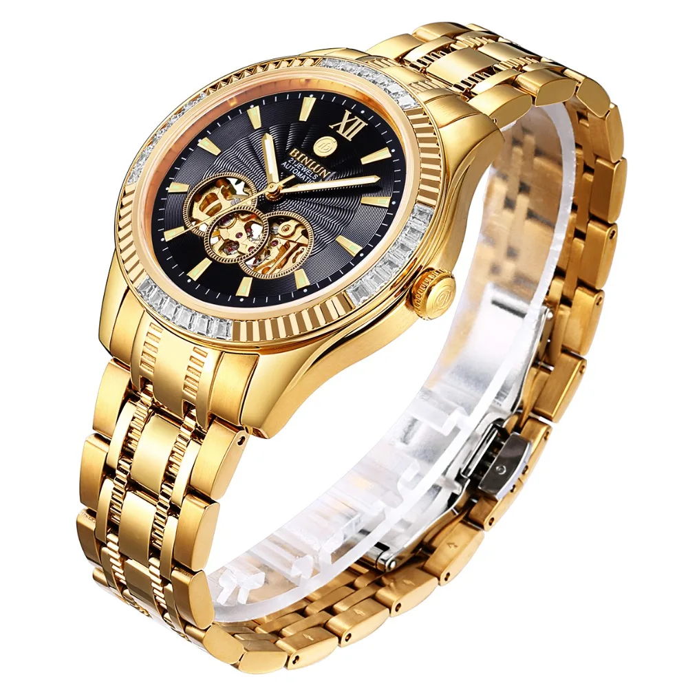 Najtaniej BINLUN 18k złoty luksusowy automatyczny zegarek męski Top marka szkielet mechaniczne zegarki męskie Tourbillon moduł diament mężczyźni Wrist Watch