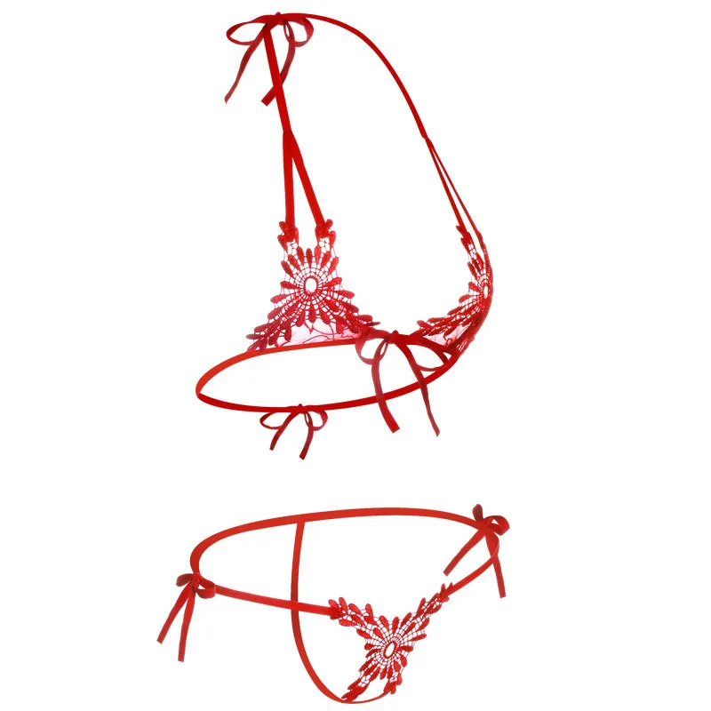 Женское нижнее белье, сексуальные наборы, открытый сексуальный бюстгальтер и трусики, набор, вышивка, Эротический бюстгальтер, женское сексуальное нижнее белье, комплект нижнего белья с вырезами - Цвет: Red