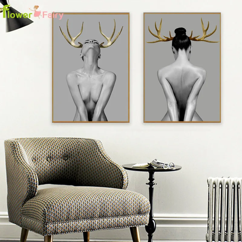 

Golden Antlers Woman Model Abstract Canvas Painting Posters Fashion Sexy Beauty Art Print Poster Wall Picture for Home Unframed