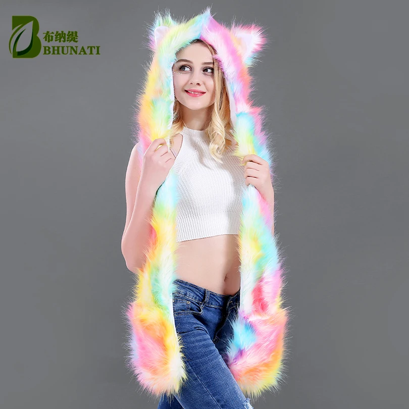Beste 2018 multicolor faux bontmuts 3 in 1 Vrouwen Mode Winter hoed Kap Sjaal Mittens leuke cartoon dier caps voor party stage