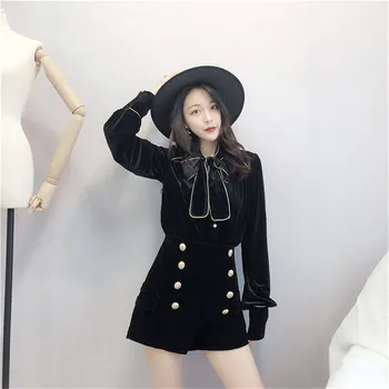 

Autumn Spring Retro High Waist Shorts Suits Girls Bowtie Black Shirts Shorts Two-piece Sets Elegant 2 Piece Outfits for Women