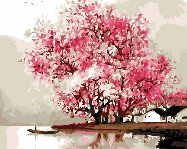 hasyou new diy oil painting pink cherry blossom tree by numbers