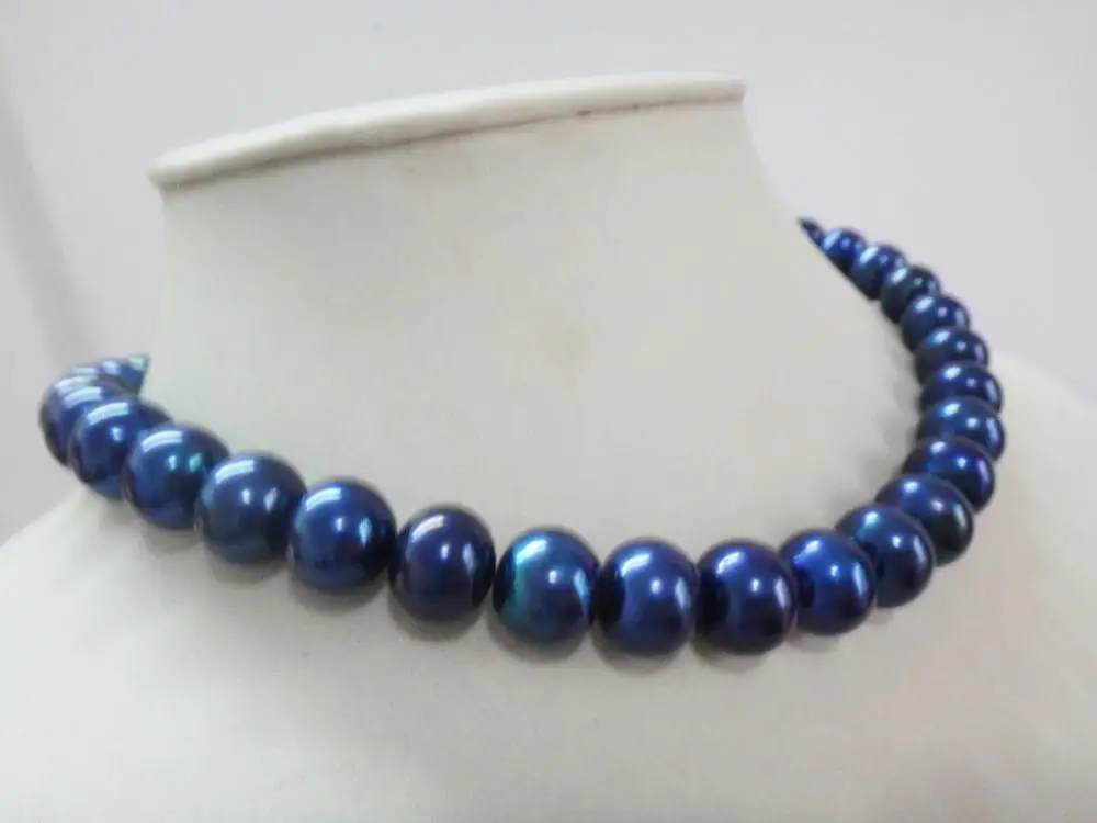 

stunning10-11mm round tahitian black blue pearl necklace 18"925 silver