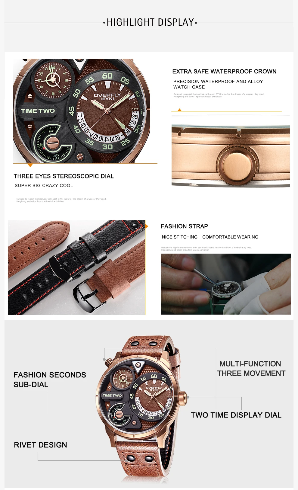 Стильный бренд Для мужчин часы большой циферблат два часовых поясов Дисплей спортивные часы мужской из натуральной кожи