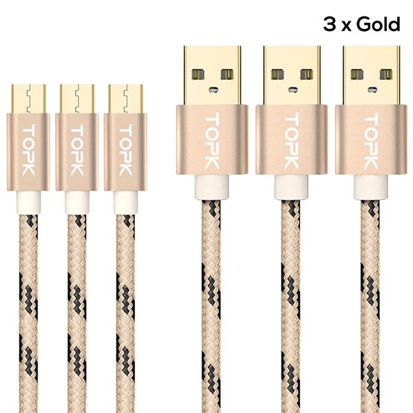 TOPK [3-Pack] Micro USB кабель 2A Быстрая зарядка мобильный телефон кабель синхронизации данных для Xiaomi Redmi 4X samsung Galaxy S7 Кабель зарядного устройства - Цвет: Золотой