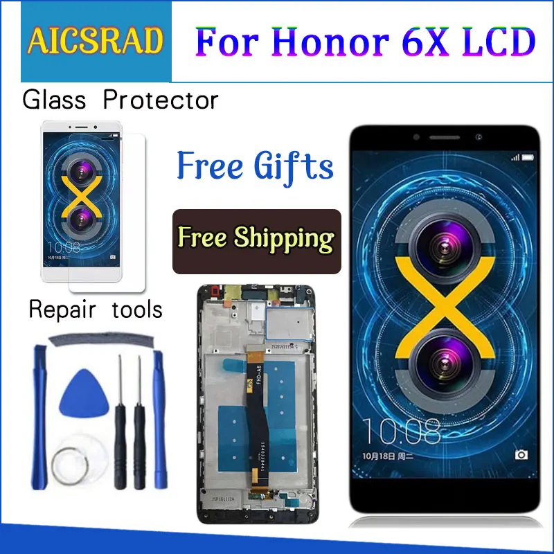 Pаспродажа AICSRAD ЖК дисплей Дисплей для huawei Honor 6X BLN L24 BLN AL10 BLN L21 BLN L22 кодирующий преобразователь сенсорного экрана в сборе рамка с бесплатными инструмент...