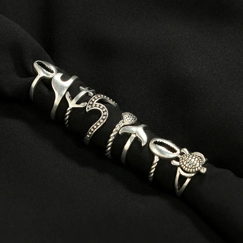 Winterxue 8PCS/SET Retro Fashion Turtle Shell Shark Knuckle Rings For Women Vintage Jewelry Silver Color Metal Punk Rings Set