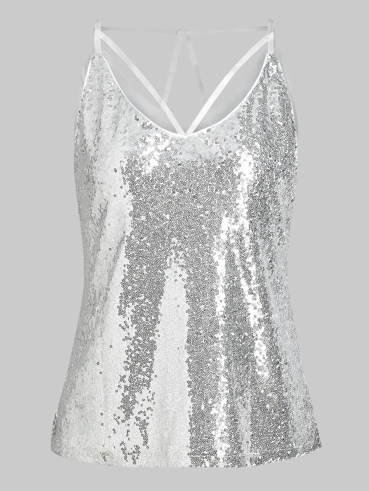 

Joineles Fashion Sequins Party Cami Tops Sexy Halter Cross Back Club Tanks 3 Solid Colors Silver/Black/Navy Summer Tops S~2XL