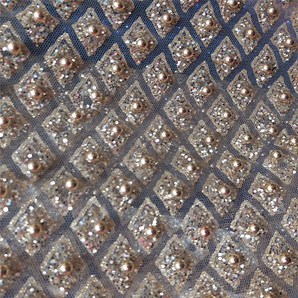 

Gold glitter sequins with beads African french lace fabric African sewing lace classic and high quality Hot Sale