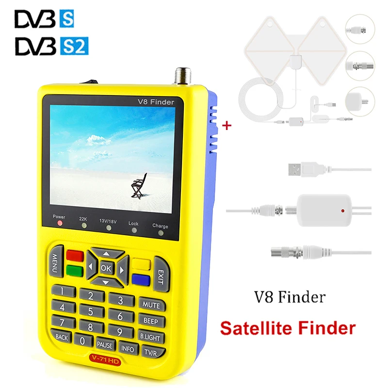 

V8 Finder Satellite Signal Finder V-71 HD DVB-S2 MPEG-2/MPEG-4 FTA Digital Satellite Meter+ Indoor Digital HD TV Antenna