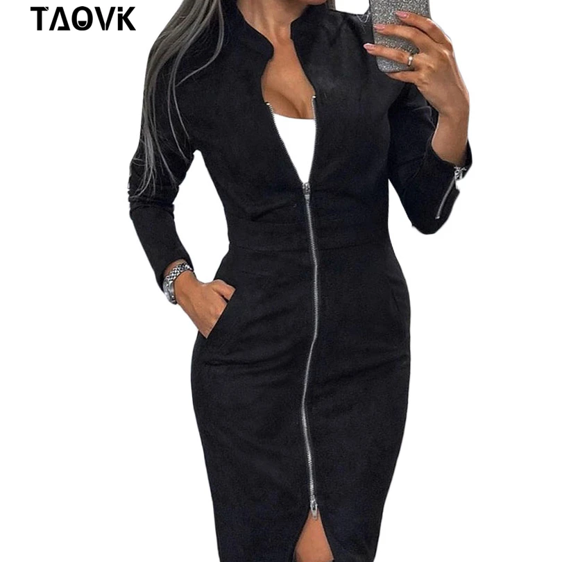 Tanie TAOVK główna ulica zamszowa sukienka kobiety z długim rękawem Bodycon sukienka na suwak kołnierz stójka w stylu vintage biuro damskie sukienki