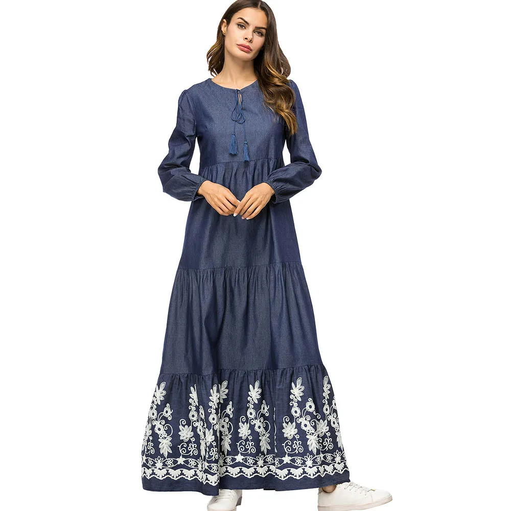 Denim Long Dress Spring 2019 Women Maxi Dresses Fashion Draped Patchwork Design Arab UAE