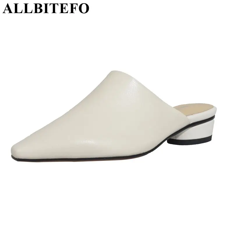 

ALLBITEFO genuine leather women flip flops medium heels women shoes new summer fashion outside solid shallow girls slipper