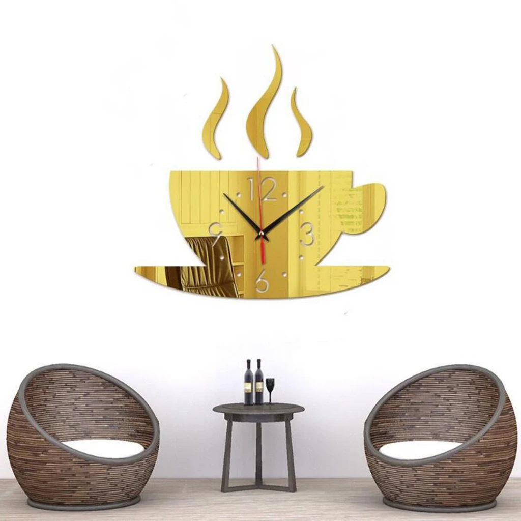 3D DIY Sticker Wall Clock, Mirror Effect Coffee Cup Shaped Large DIY Wall Clock for Living Room Bedroom Office, Easy to Install