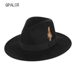 QPALCR осенне-зимняя шерстяная одежда джаз Шапки для Для женщин Для мужчин фетровых шляпа Повседневное полями лук перо Фетровая Шляпа Дерби