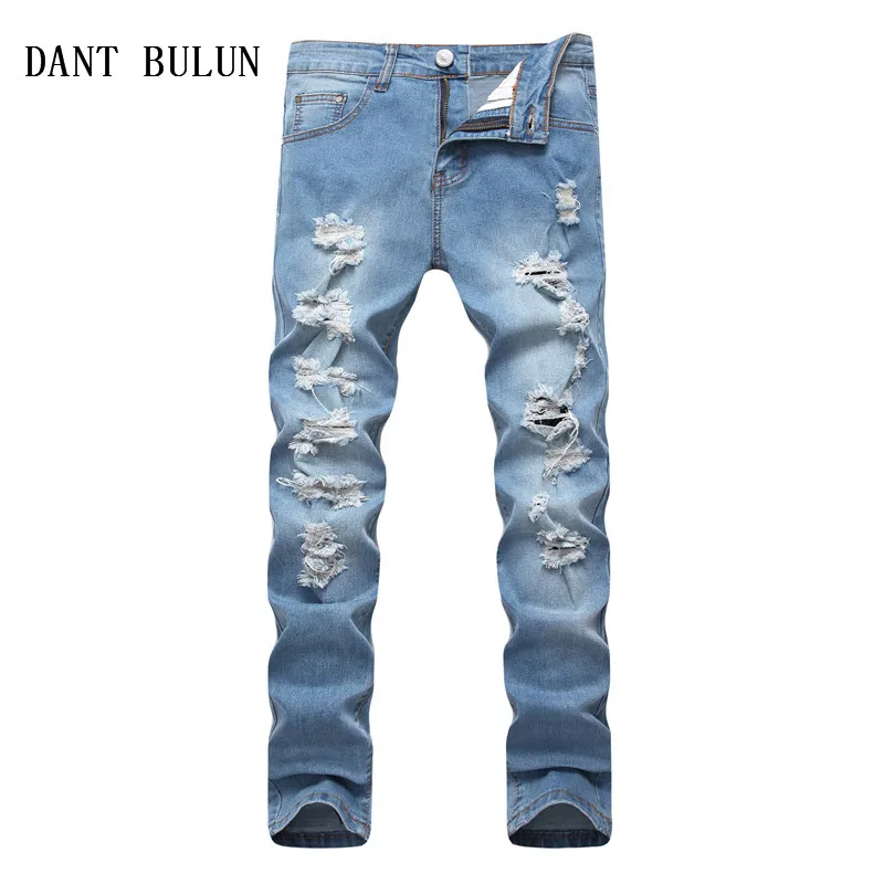 

DANT BULUN Ripped Mens Jeans Fashion Designer Brand Light Blue Straight Skinny Distressed Jeans Male Denim Trousers,TS6013