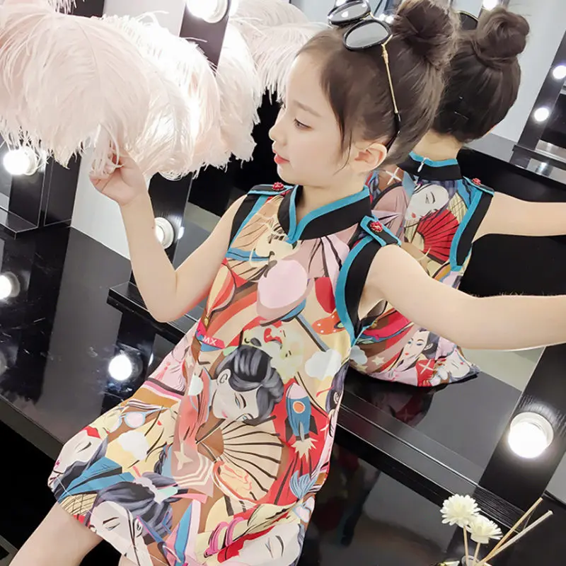 Платье для девочек в китайском стиле; повседневная детская одежда; элегантные вечерние платья в винтажном стиле; летнее платье для малышей; Одежда для девочек